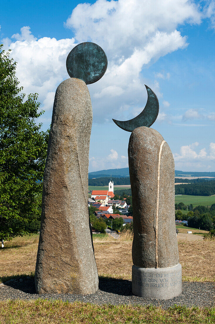 Brother Moon and sister Sun, art project in Eschlkam, Bavarian Forest, Bavaria, Germany