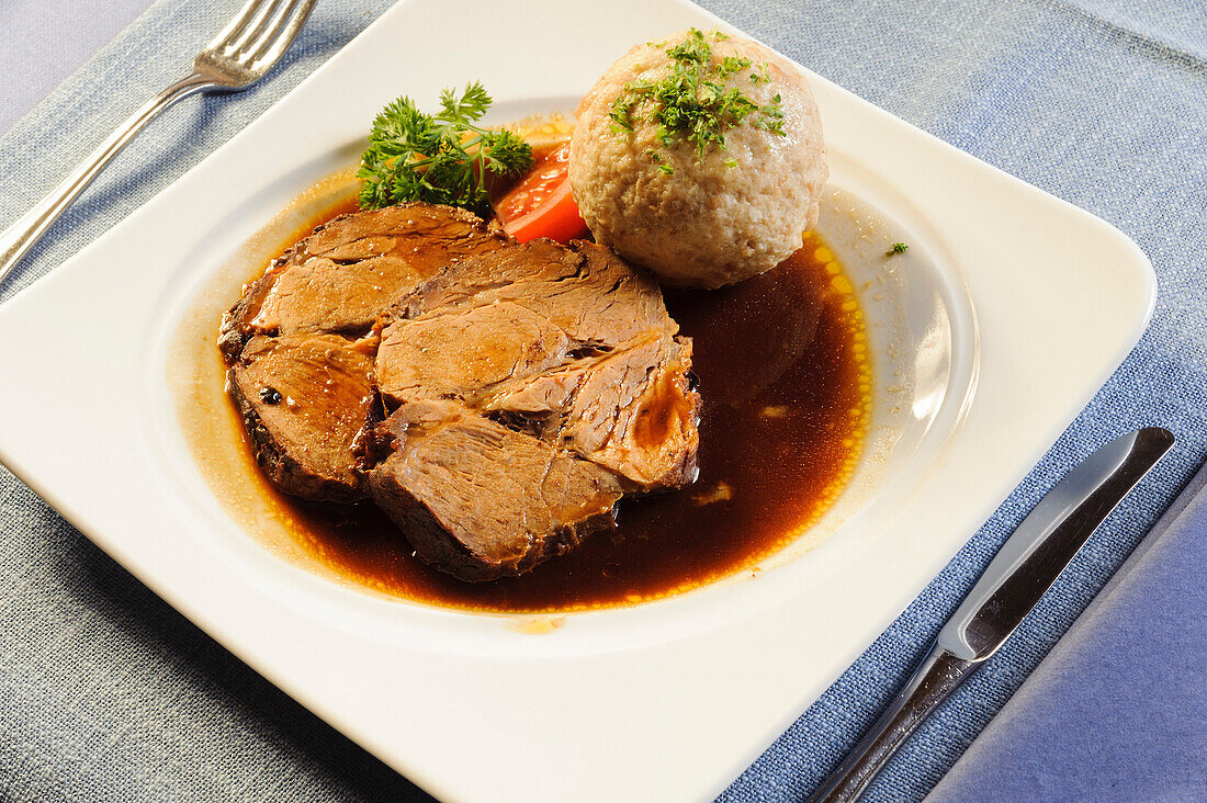 Roast pork with dumpling, food, Regen, Bavarian Forest, Bavaria, Germany