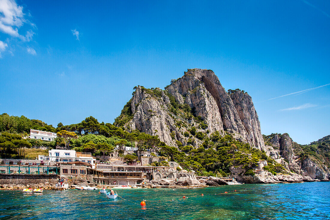 View from a boat towards Marina Piccola, Capri, Bay of Naples, Campania, Italy