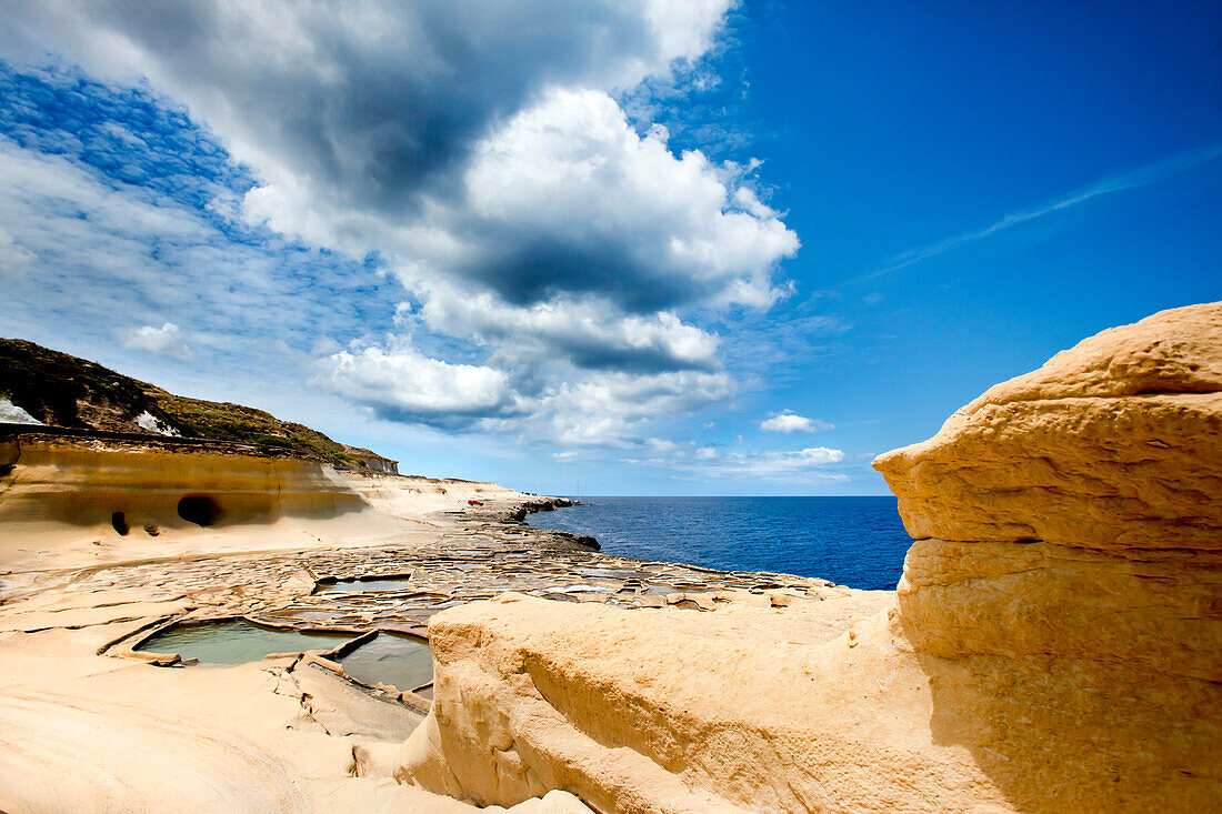 Limestone coast, Saline, Xwejni Bay, Marsalforn, Gozo Island, Malta