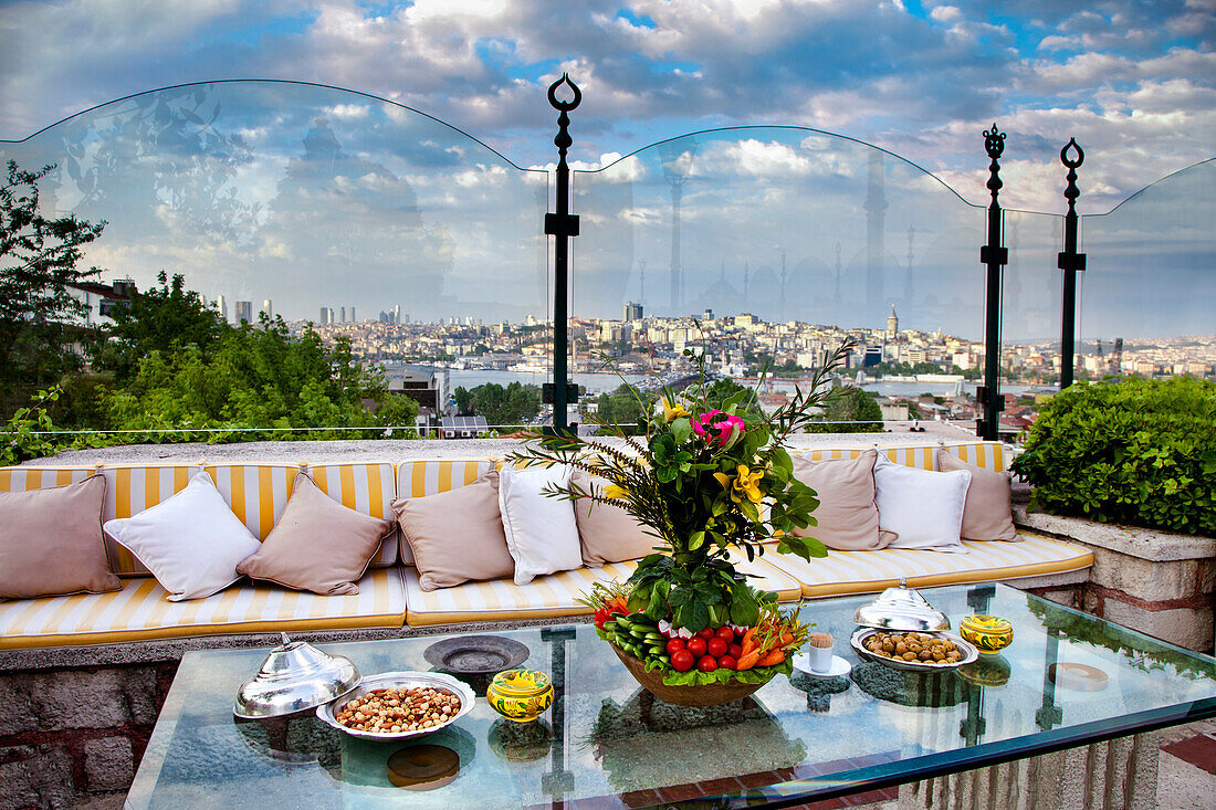 Rooftop restaurant with view over the city, Istanbul, Turkey