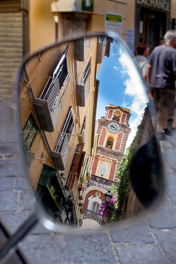 Church in a scooter mirror, Sorrento, Peninsula of Sorrento, Bay of Naples, Campania, Italy