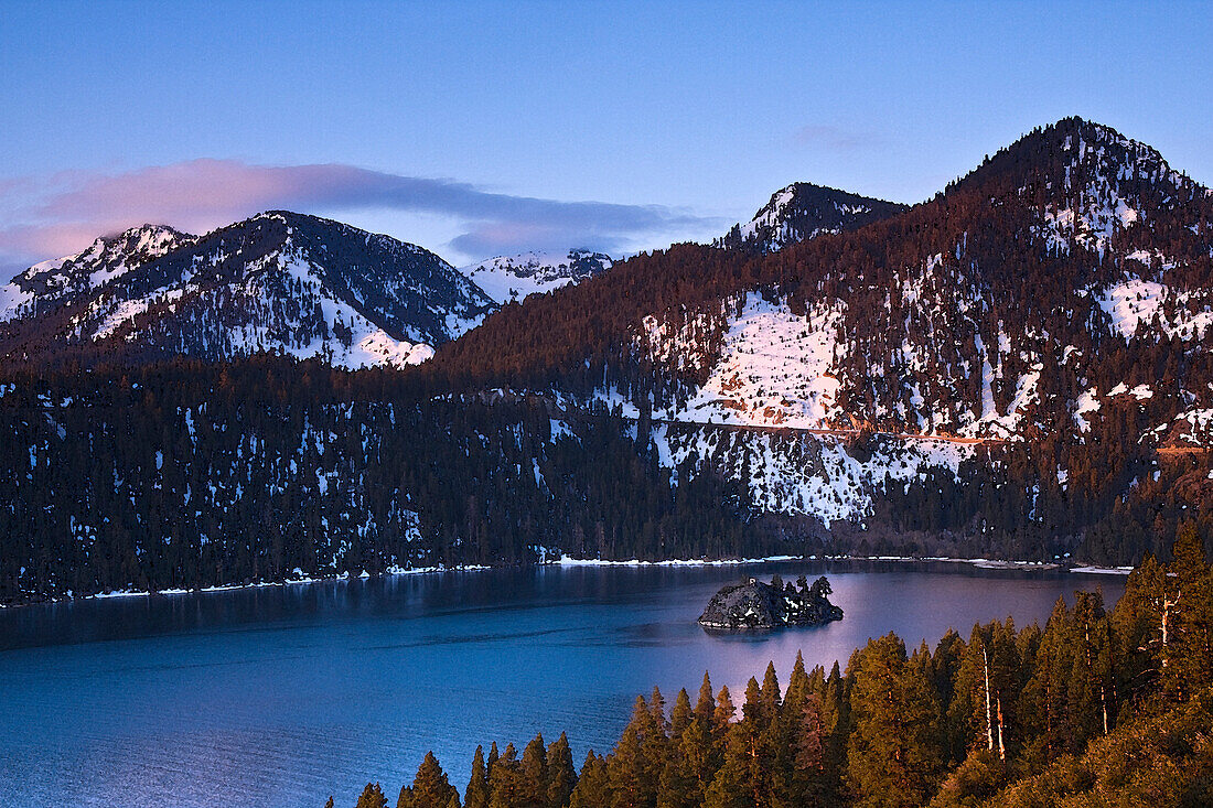 A watercolor of Emerald Bay, Wizard Island, and snow at Lake Tahoe in California, Emerald Bay at Lake Tahoe, CA, USA