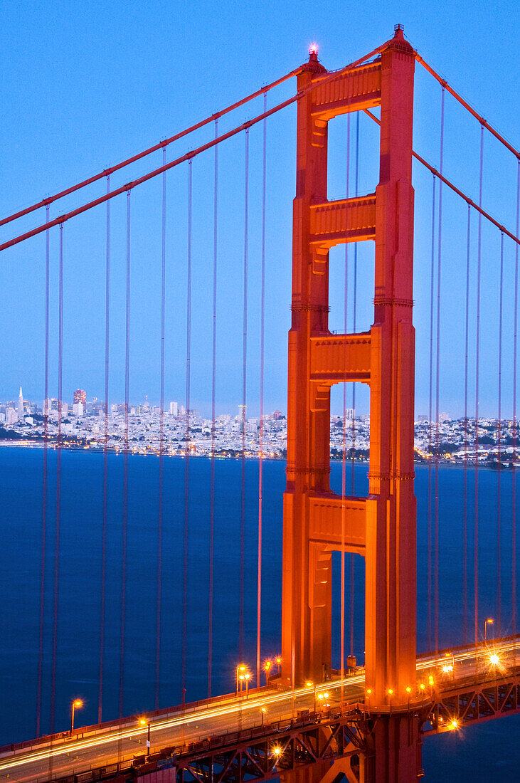 The Golden Gate Bridge at dusk with San Francisco in the background, California San Francisco, California, USA