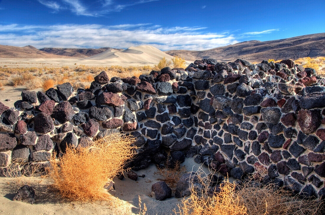 The old walls of the Sand Springs Pony Express Station with Sand Mountain in the distance, NV Sand Mountain, Highway 50, Nevada, USA