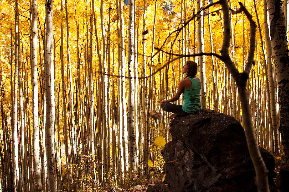 A young woman meditates peacefully on a rock in the midst of a sea of gold leaves Aspen, Colorado, USA