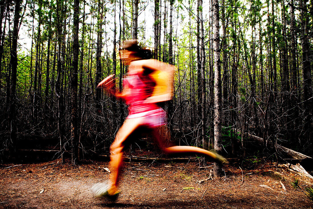 Woman jogging through a thick forest Jackson Hole, Wyoming, United States