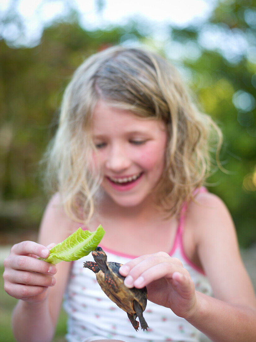 young girl feeds turtle lettuce, anguilla