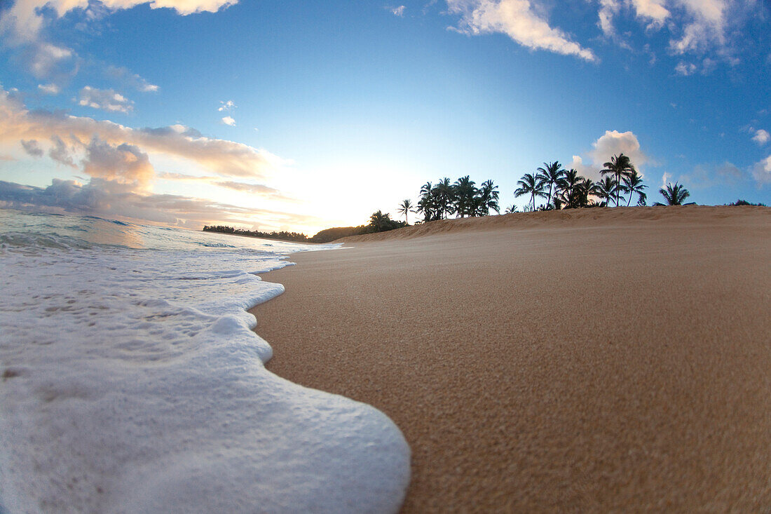 A foam wave washing ashore at Rocky Point north shore of Oahu, Hawaii, USA