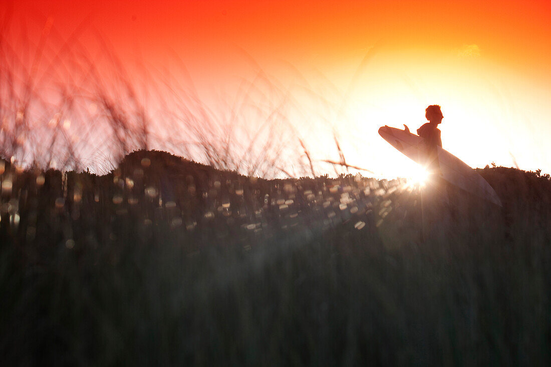 A surfer silhouetted against the rising sun, on King Island, in Tasmania, Australia King Island, Tasmania, Australia