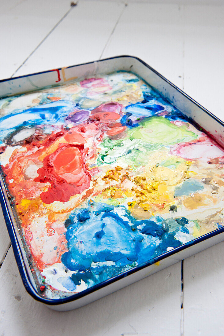 watercolor palette in an artist's studio, Portland, Maine, USA