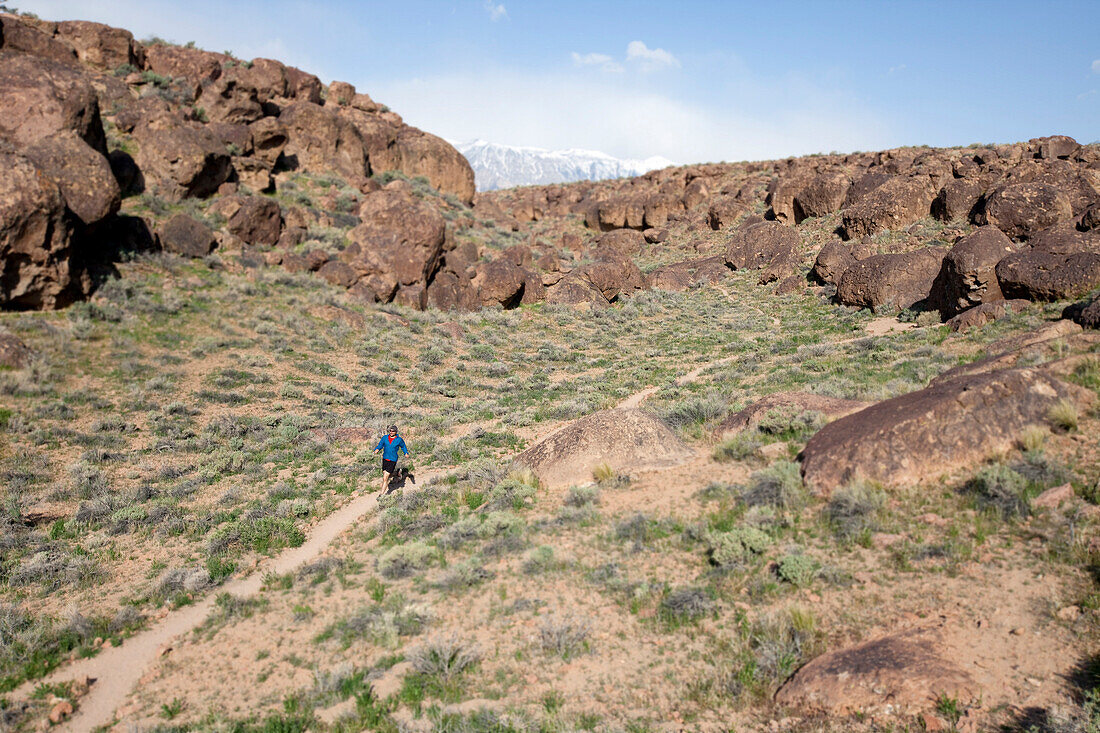 Man in red shirt trail running Bishop, California, United States