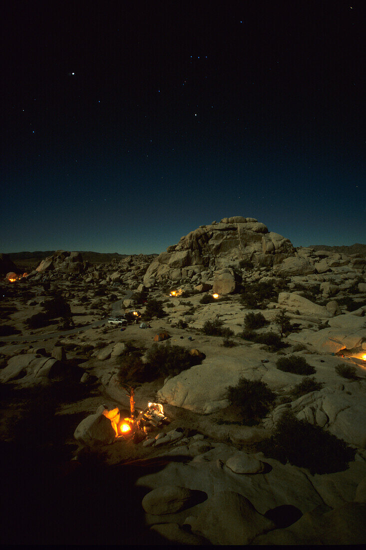Night view down into the camping hub - Hidden Valley Campground - in Joshua Tree National Park, CA, Joshua Tree, CA, USA