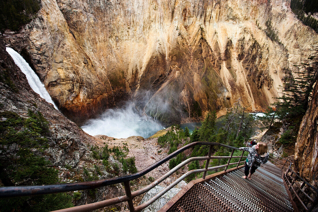 A young woman walks up a narrow stair set winds down to a overlook of Yellowstone Falls in Yellowstone National Park, Wyoming., Gardiner, Wyoming, USA