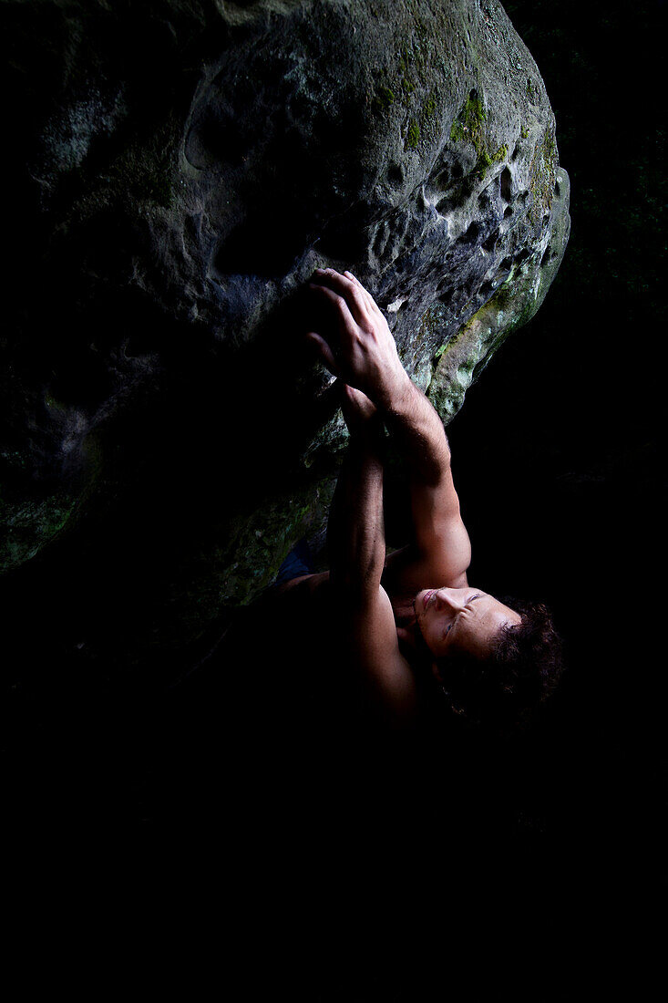 An Italian climber opens a bouldering project in Ibbenburen, Germany., Ibbenburen, North Rhine-Westphalia, Germany