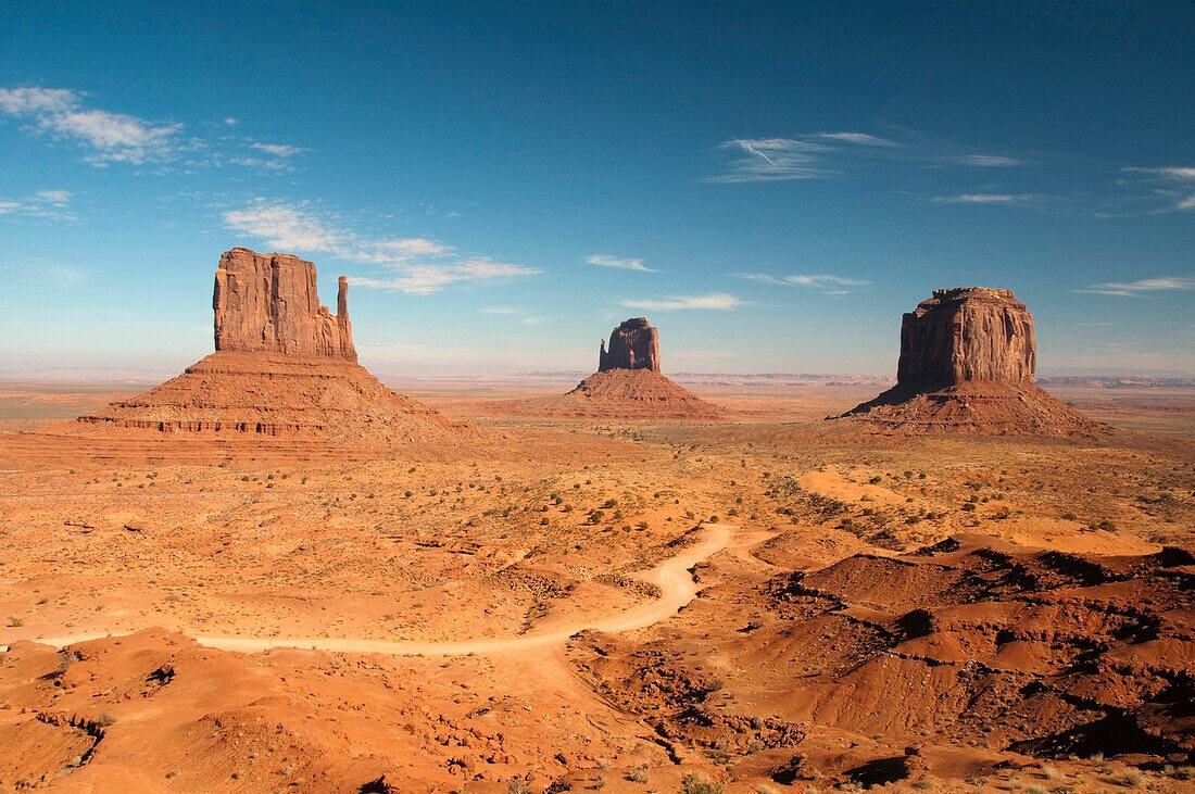 The classic view of Monument Valley as seen from the Visitor's Center, AZ., Monument Valley, Arizona, USA
