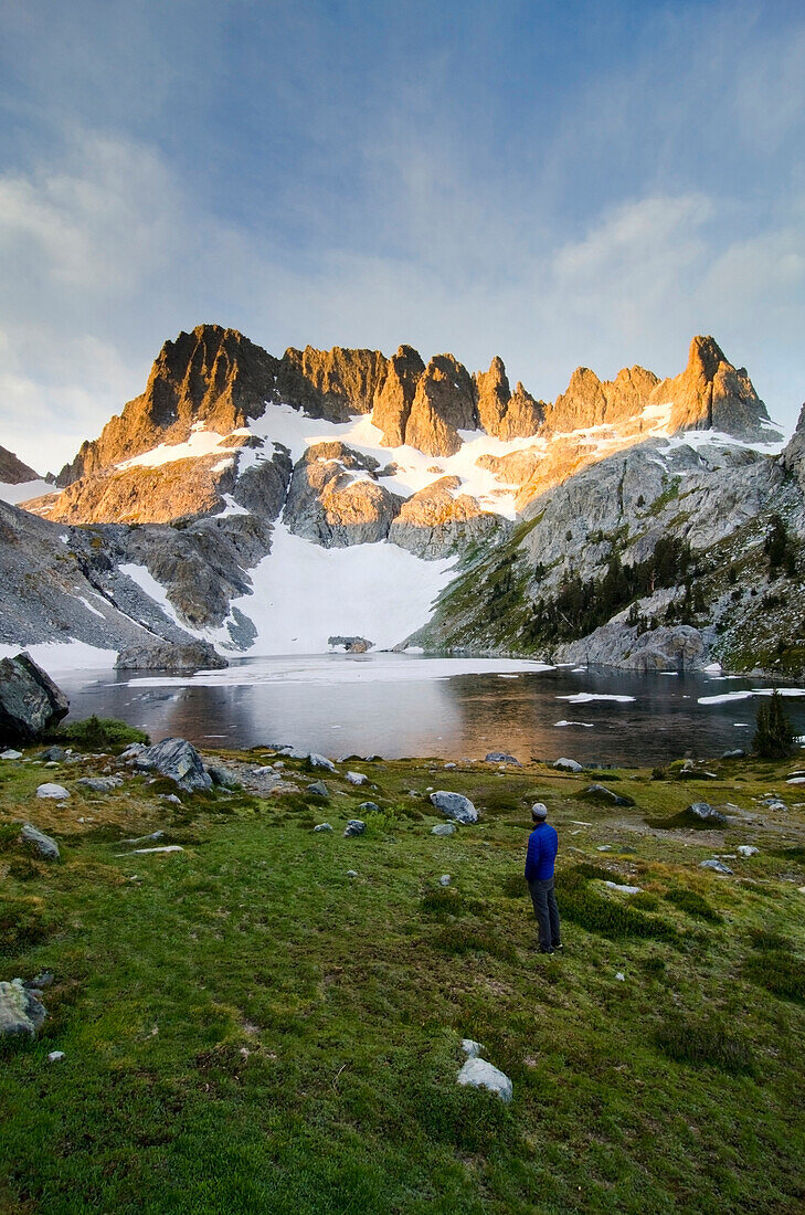 A beautiful sunrise over Iceberg Lake and the Minarets on the Sierra High Route, CA., The Sierra High Route, California, USA