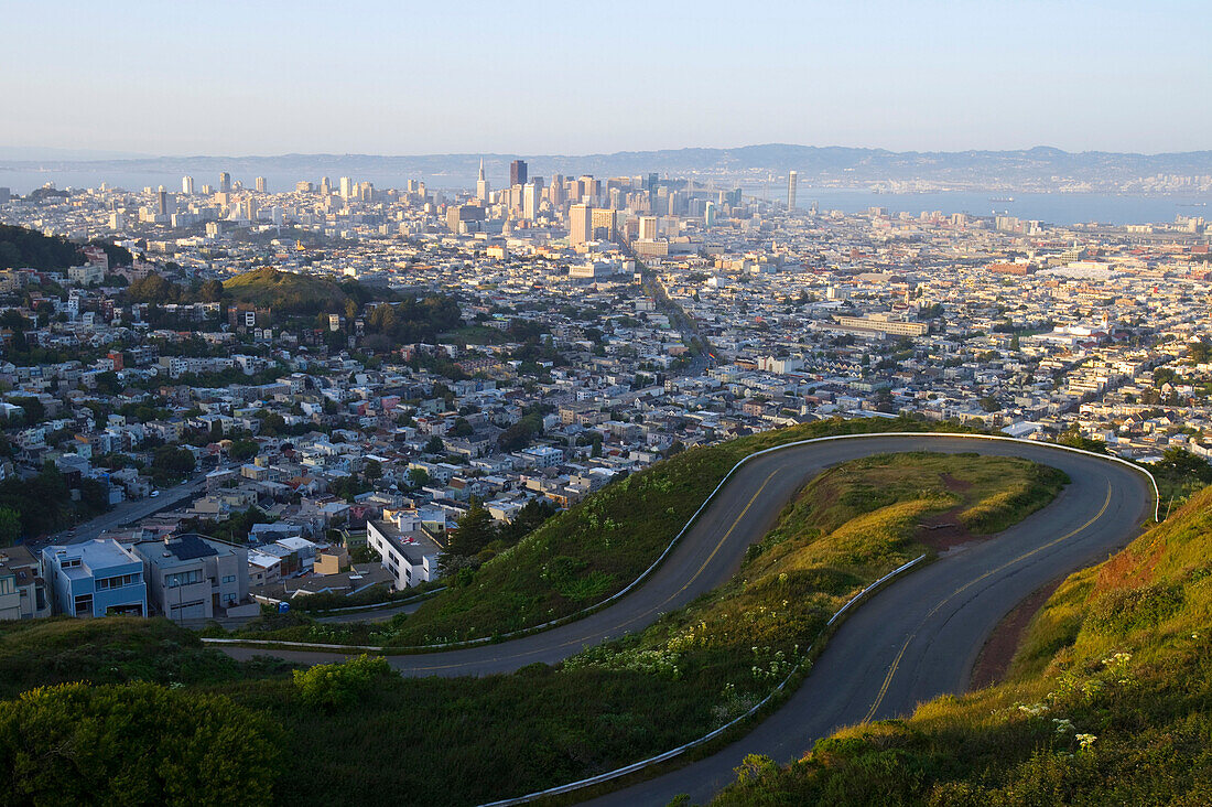 Golden afternoon light illuminates San Francisco as seen from Twin Peaks, CA., San Francisco, California, USA