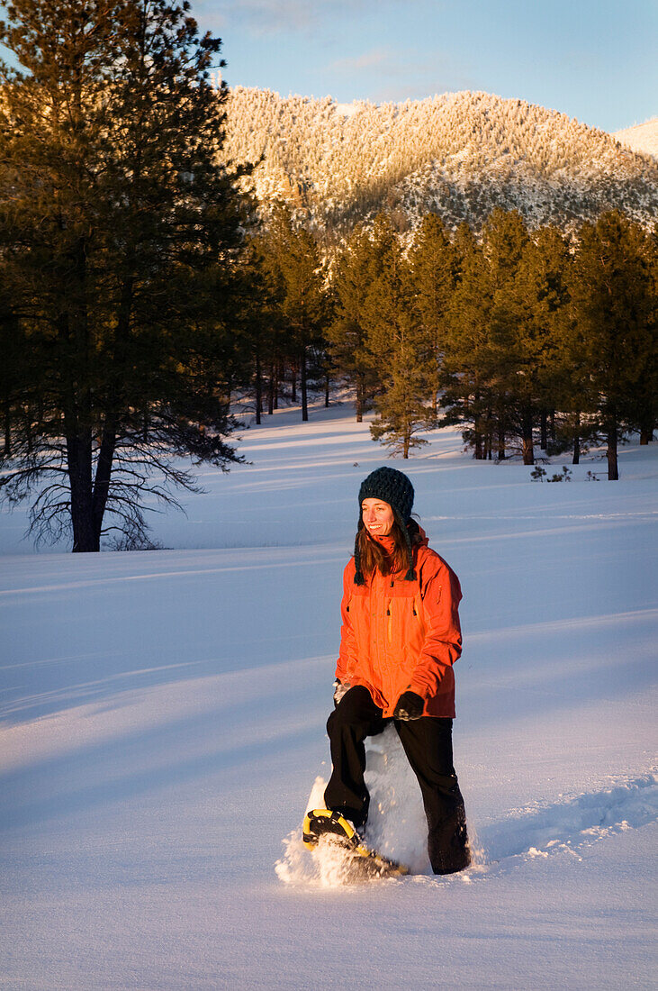 A young woman snowshoes through freshly fallen snow at sunset in Flagstaff, Arizona Flagstaff, Arizona, USA