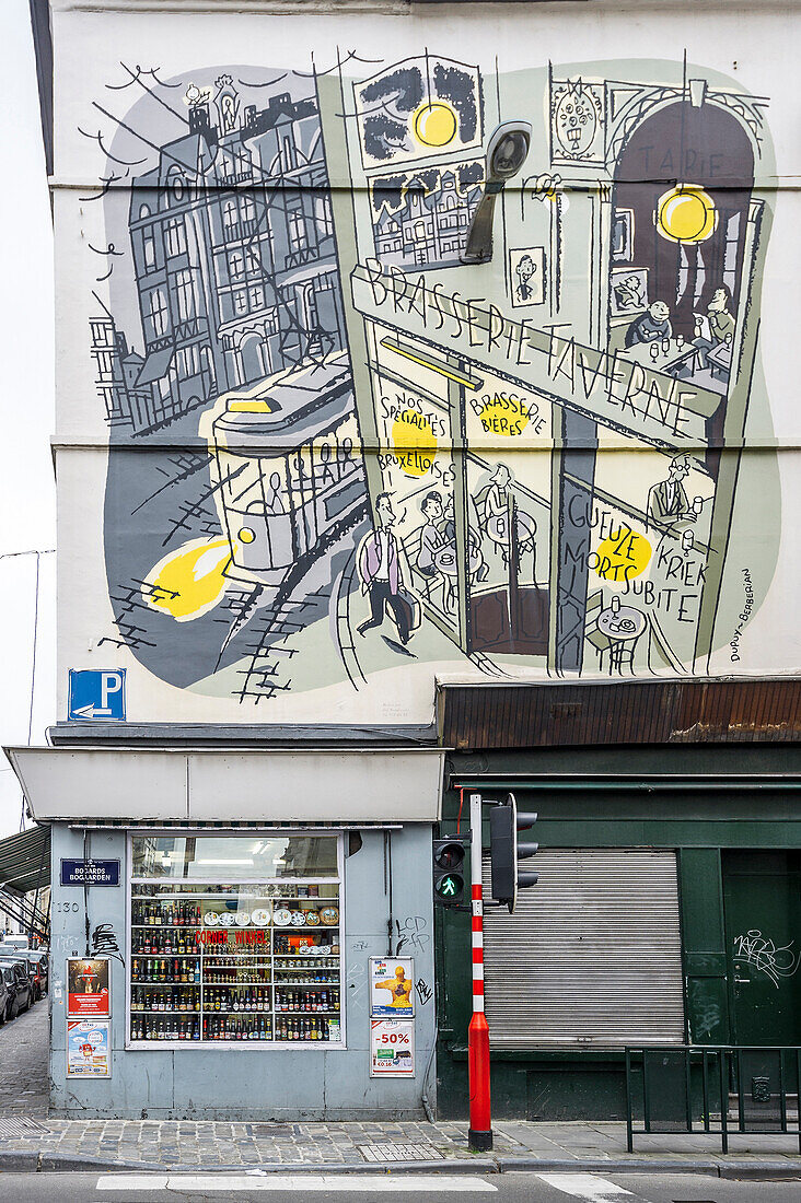 Hausfassade mit Comic und Getränkekiosk, Brüssel, Belgien