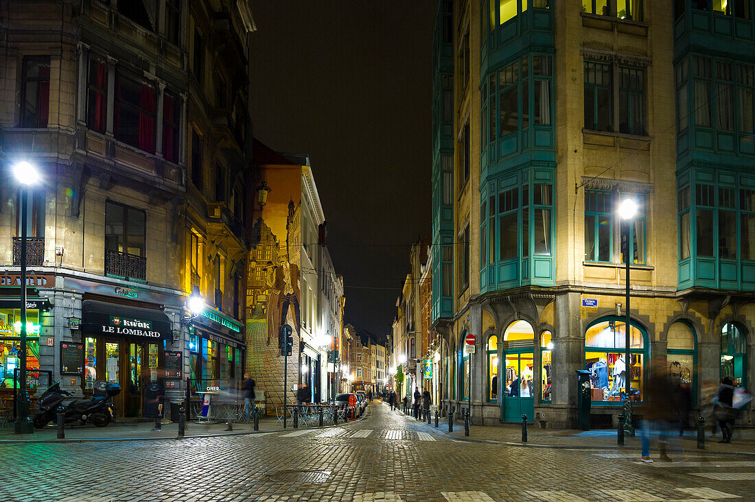 Historic city with bars and restaurants at night, City of Brussels, Belgium