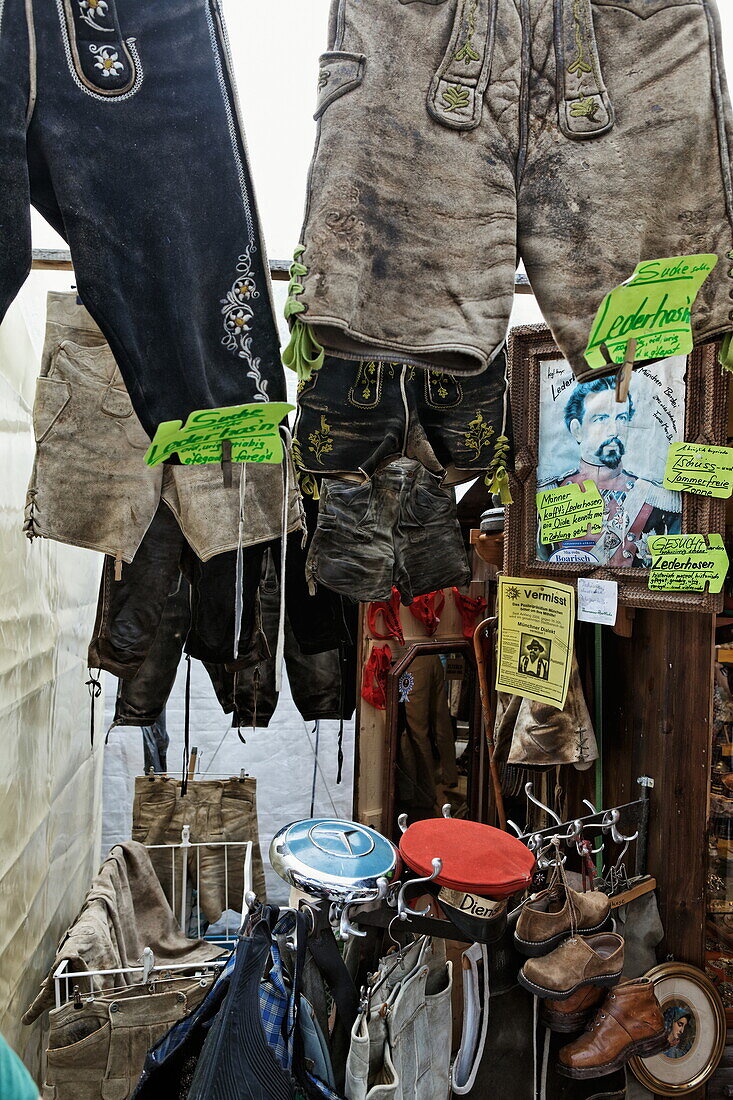 Lederhosen for sale at Auer Dult market, Au, Munich, Upper Bavaria, Bavaria, Germany