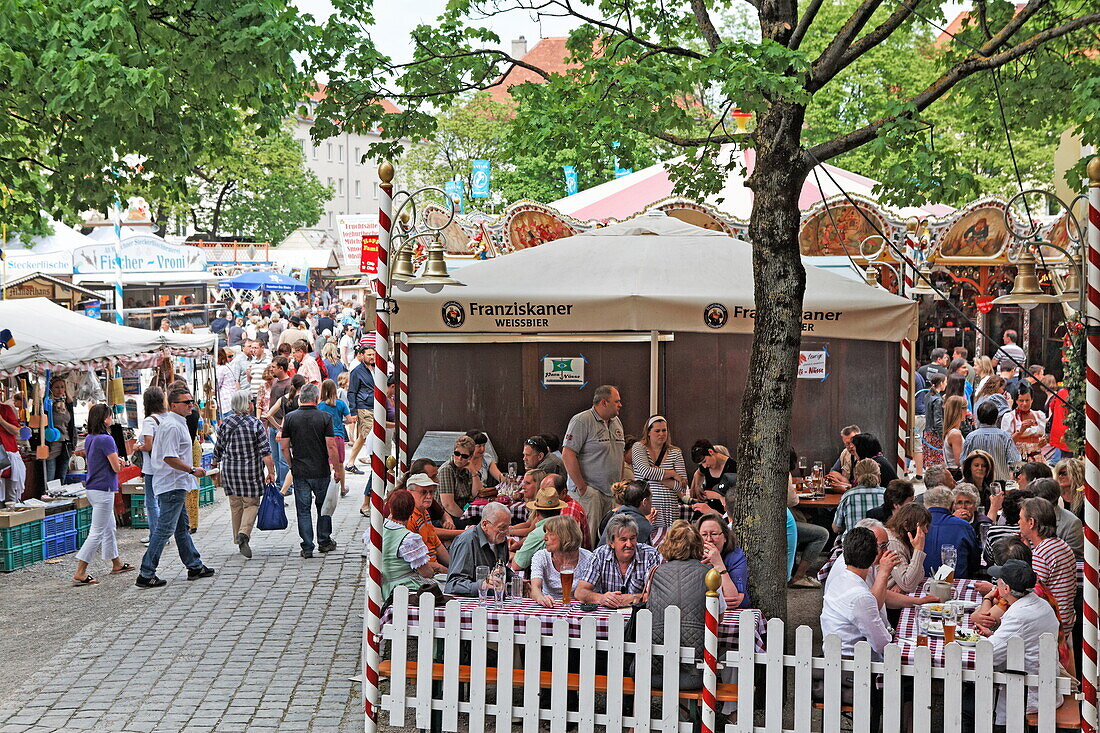 Terrace of a restaurant at Auer Dult market, Au, Munich, Upper Bavaria, Bavaria, Germany
