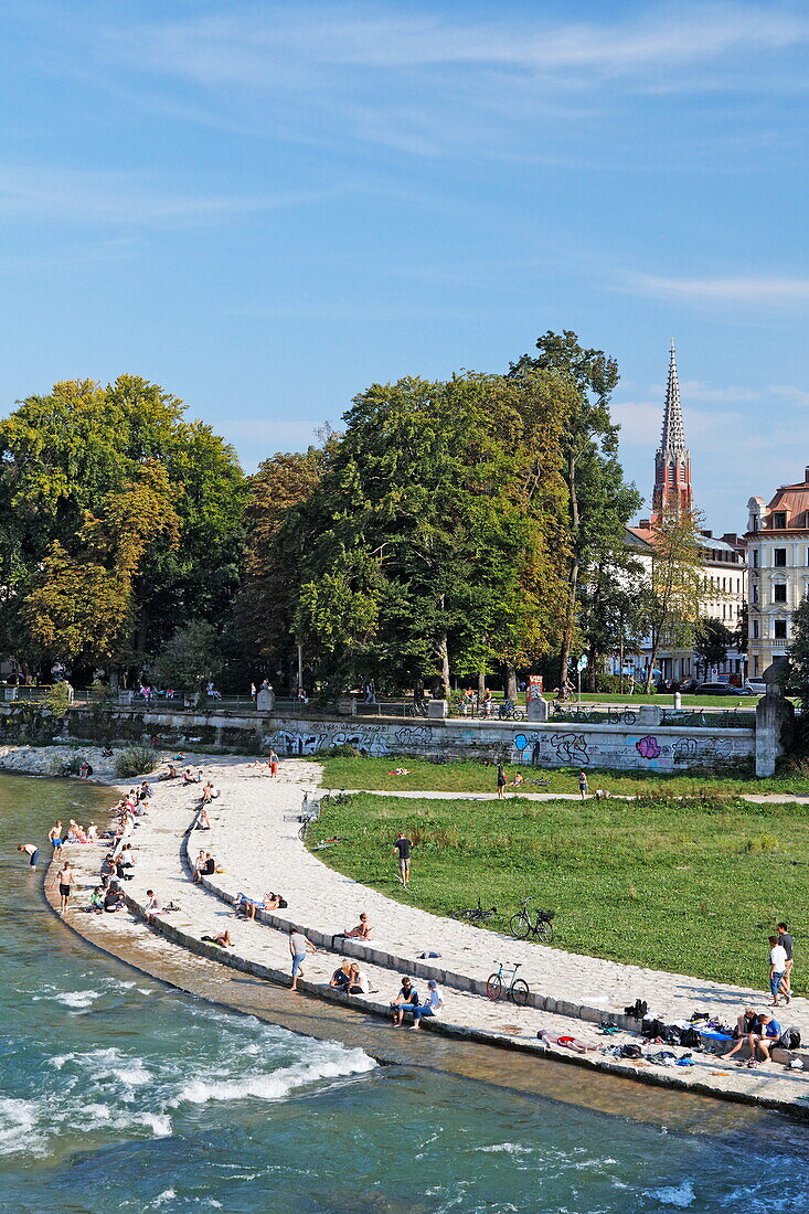 East bank of river Isar from Fraunhofer bridge, Au, Munich, Upper Bavaria, Bavaria, Germany