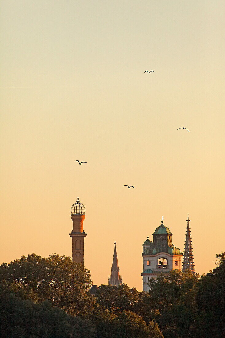 Towers of Muellersches Volksbad (left), Heilig-Kreuz church and Mariahilf church (right), Munich, Bavaria, Germany