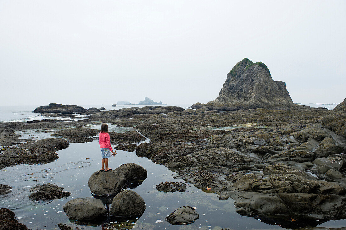 A young girl explores the tide pools along the Washington coast Washington, USA