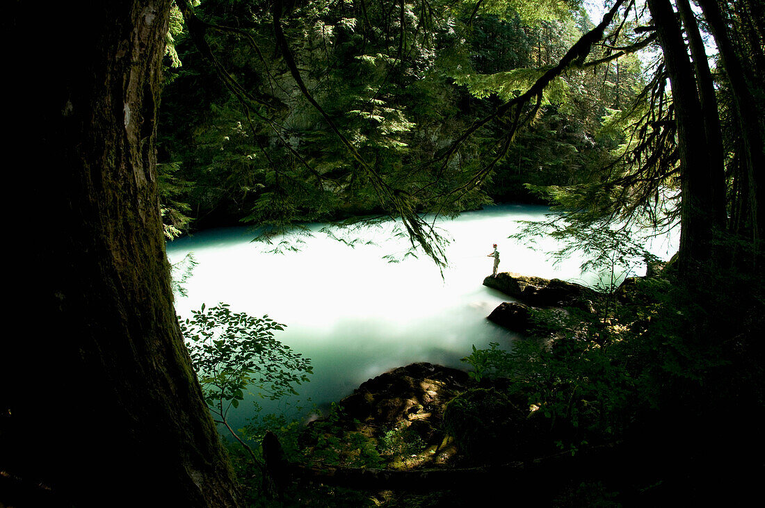 A man standing on a rock, casts in a river wearing waders while fly fishing in Squamish, British Columbia Squamish, British Columbia, Canada