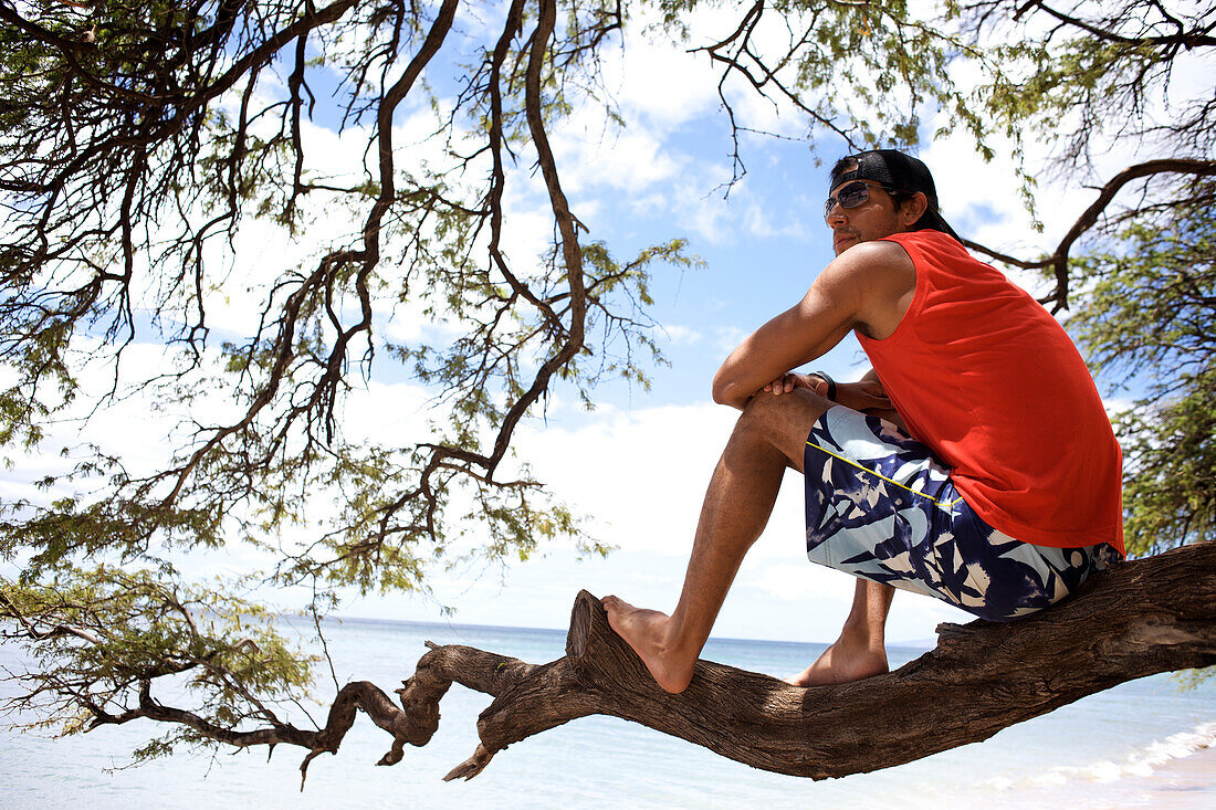 Young man sits on the tree and watches the beach in Maui, Hawaii Maui, Hawaii, USA