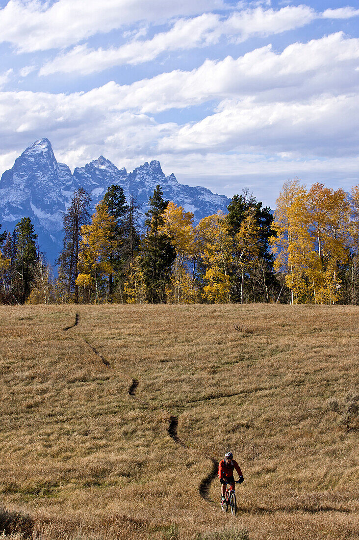 A man bikes with the Tetons in the background in Wyoming Jackson, Wyoming, USA