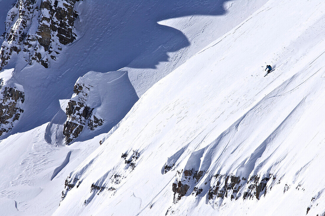 A man skis a steep line in Wyoming Jackson, Wyoming, USA