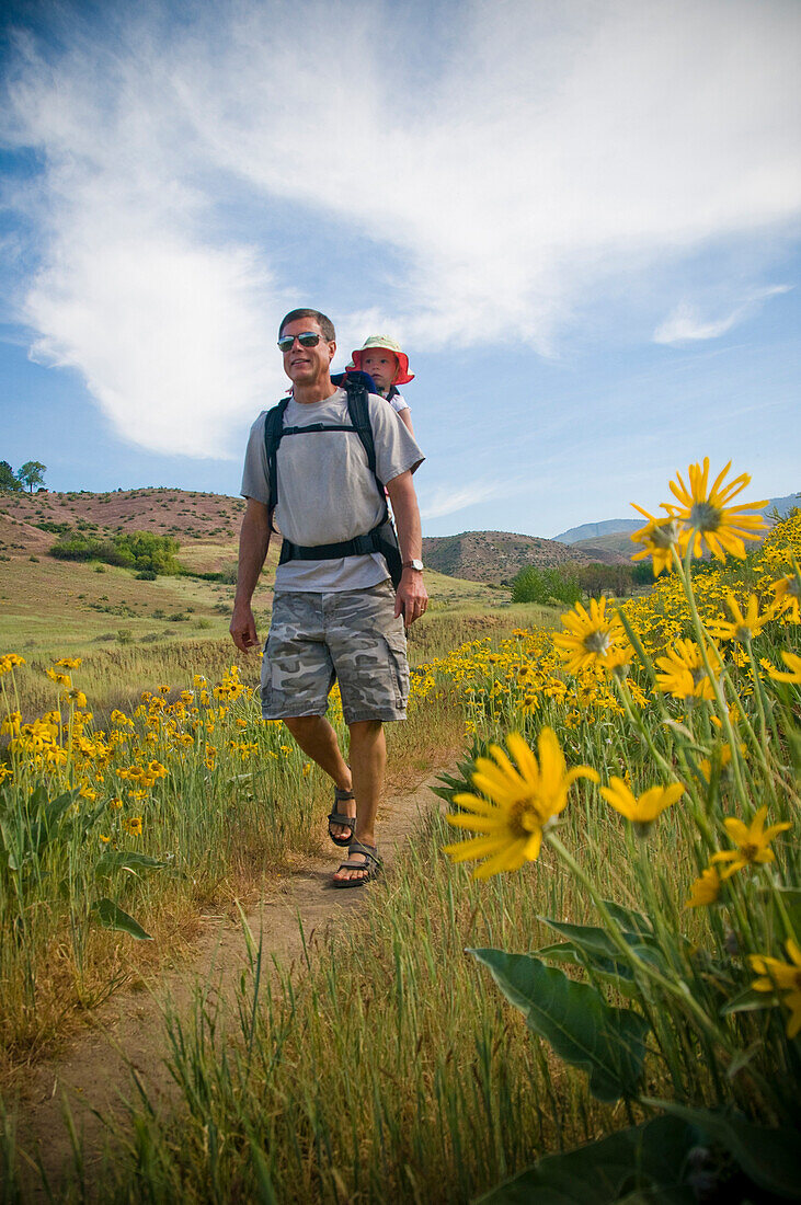 Grandfather and granddaughter hiking in a field of yellow flowers Boise, Idaho, USA
