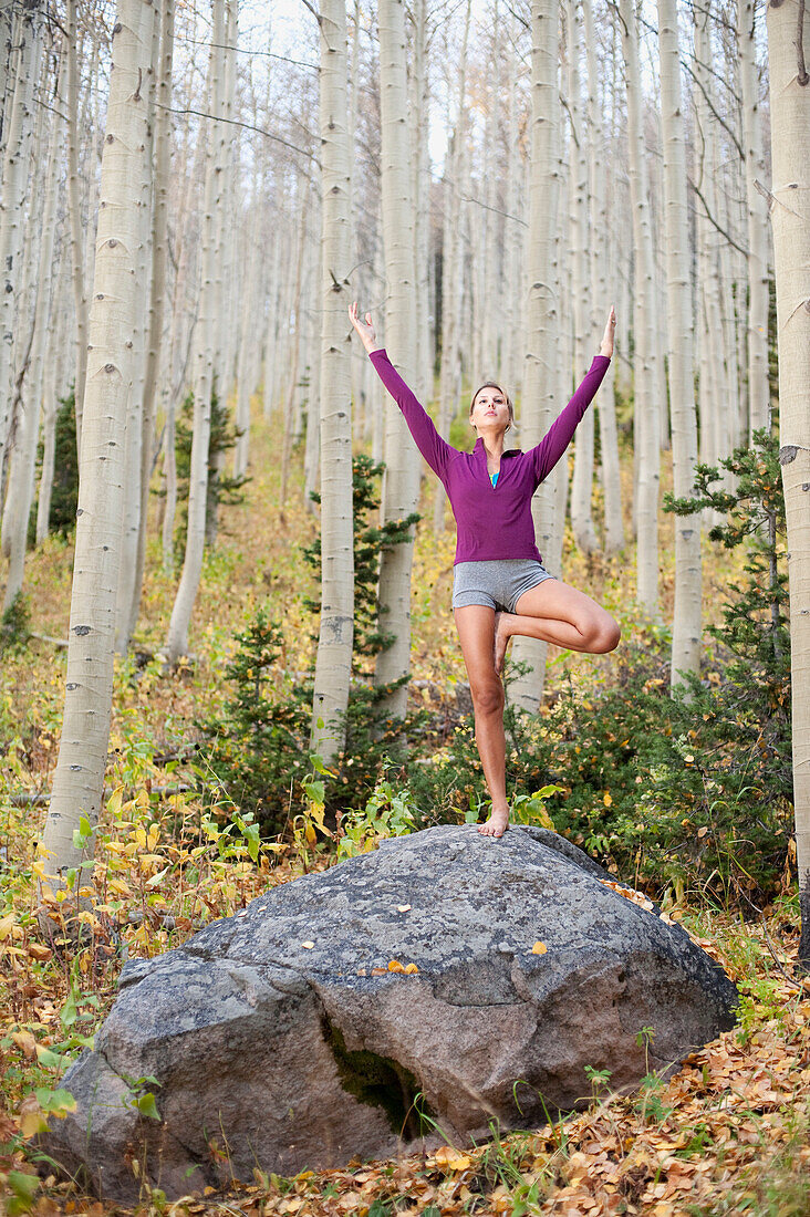 A young woman performs a yoga pose on a rock in Big Cottonwood Canyon, near Salt Lake City, UT Salt Lake City, Utah, USA
