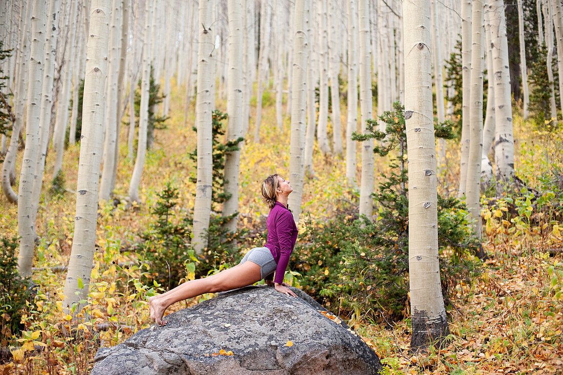 A young woman performs a yoga pose on a rock in Big Cottonwood Canyon, near Salt Lake City, UT Salt Lake City, Utah, USA