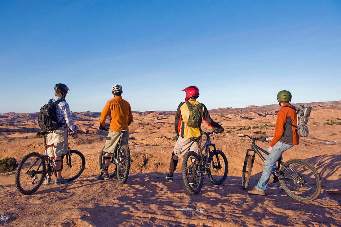 Four young men enjoy the view during a mountain bike trip on the Slickrock Trail, Moab, UT Moab, Utah, USA