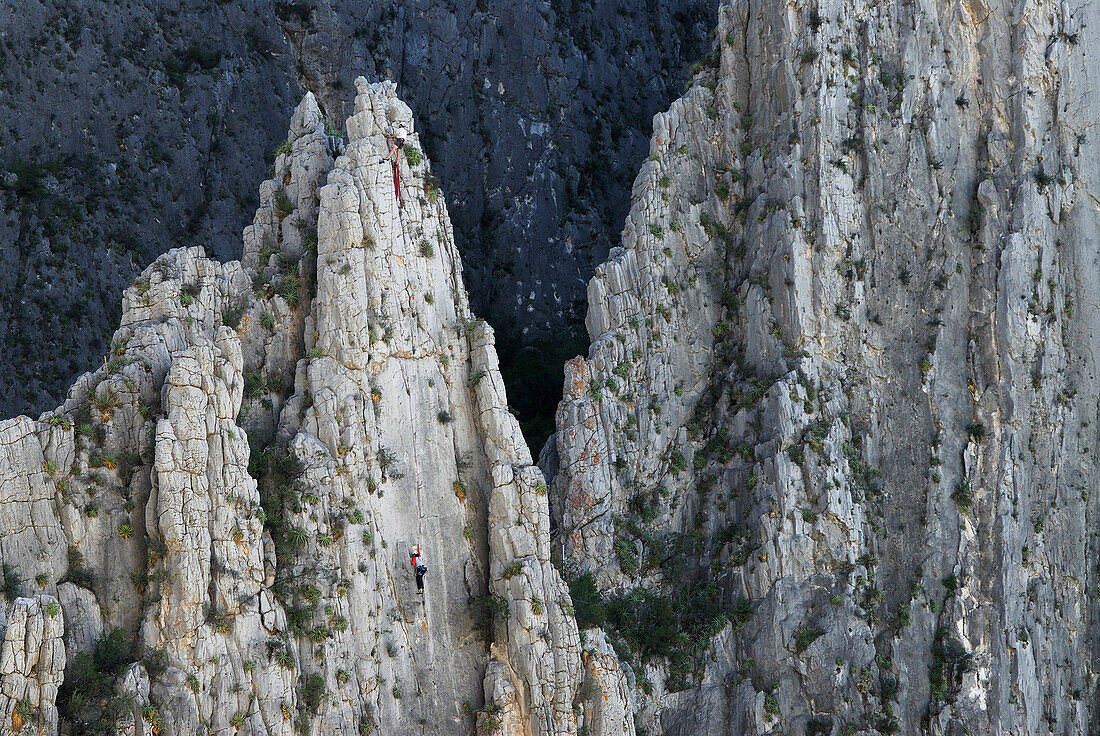 A rock climber ascends a steep rock face in Mexico El Potrero Chico, Nuevo leon, Mexico