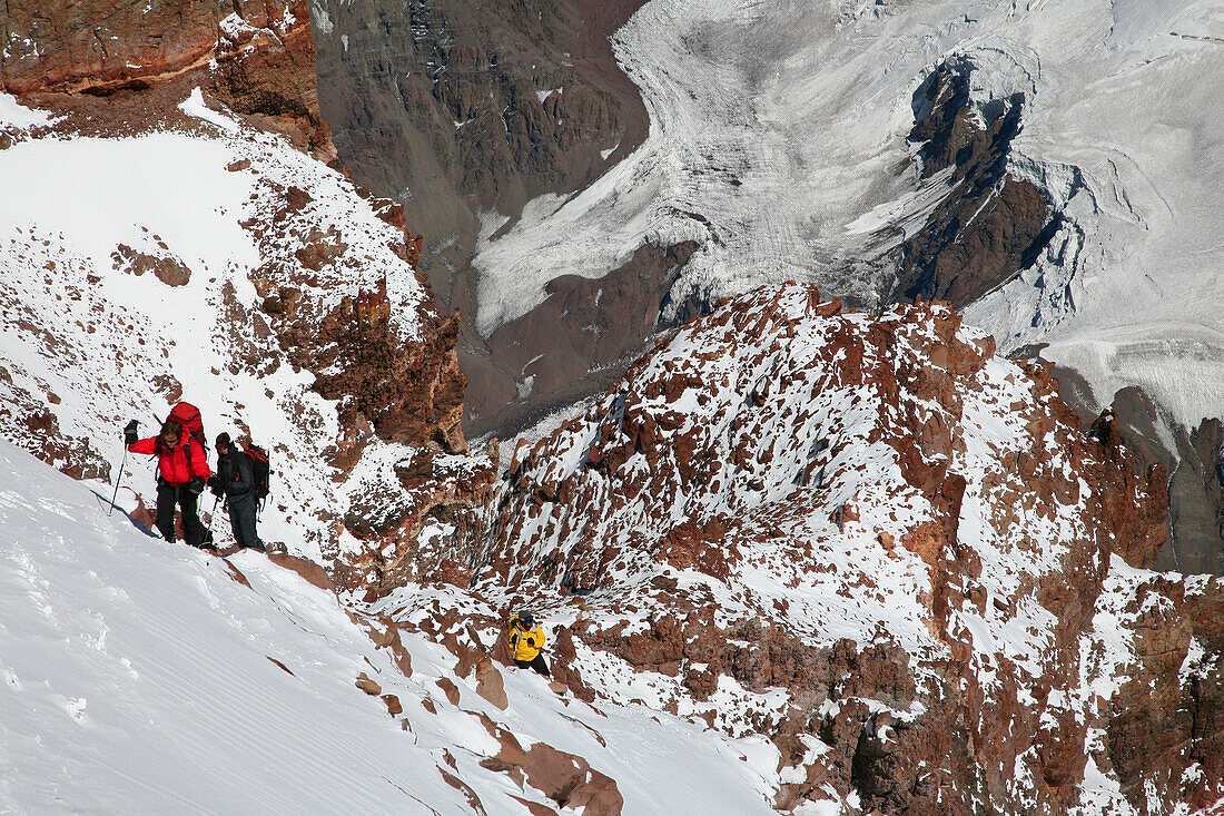 Mountaineers at 22, 400ft on the upper Canaleta near the summit of Aconcagua, at around 6800 meters elevation currently, Andes Mountain, Argentina, Mendoza, Andes Mountains, Argentina