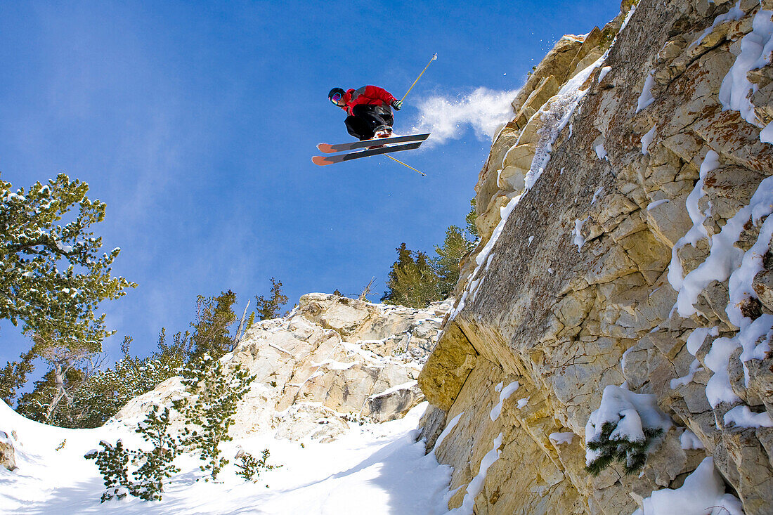 A skier catches some air off a large cliff at Snowbird, Utah, Utah, USA
