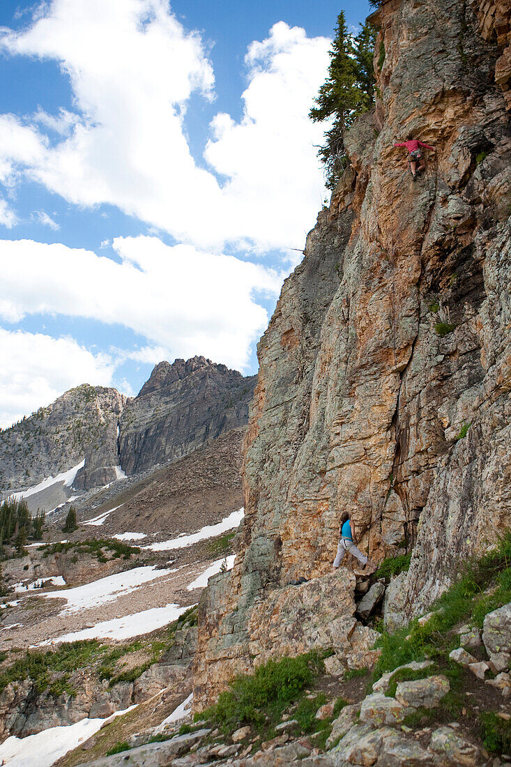 Two women rock climbing in the Wasatch Mountains Utah, USA
