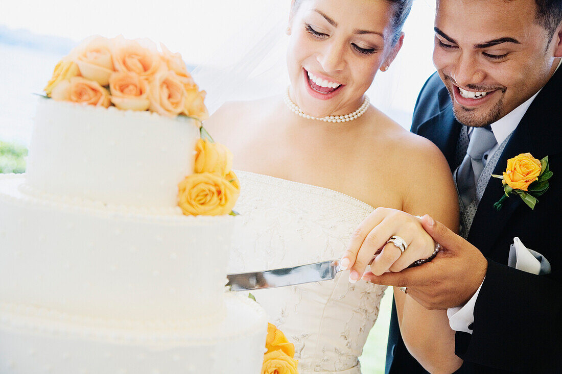 Multi-ethnic bride and groom cutting cake, Seattle, WA