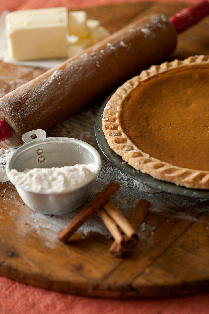 Baking ingredients and homemade pumpkin pie, Los Angeles, California, United States