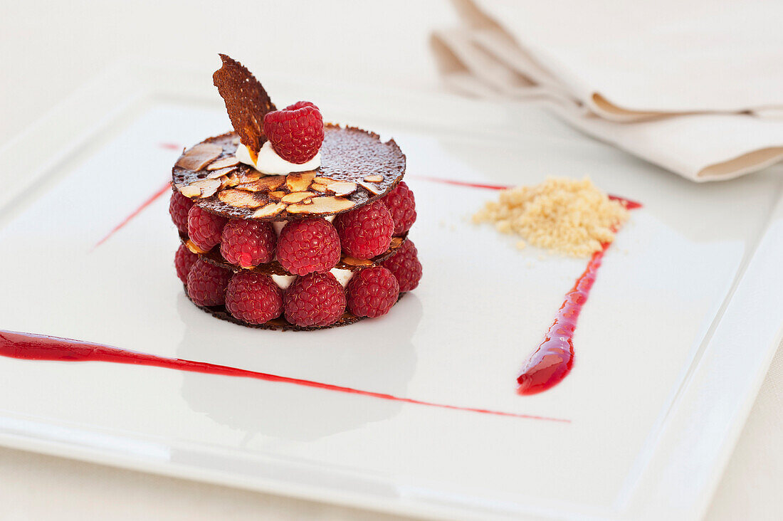 Elegant raspberry dessert, Alba, Cuneo, Italy