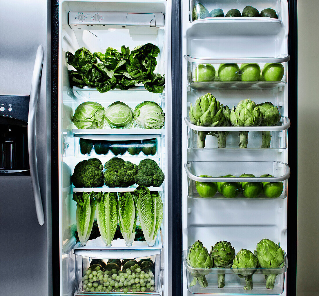 Green vegetables in refrigerator, Los Angeles, California, United States
