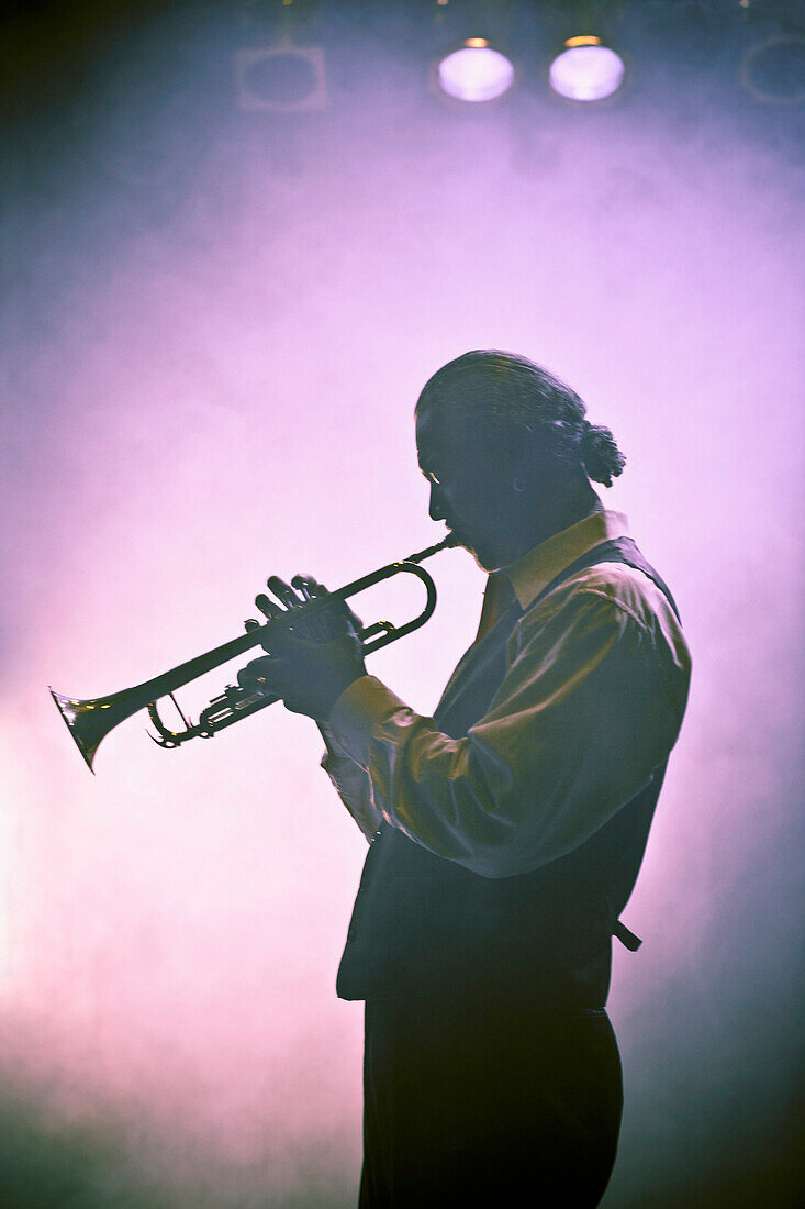 Musician playing trumpet on stage, Rockville, Maryland, USA