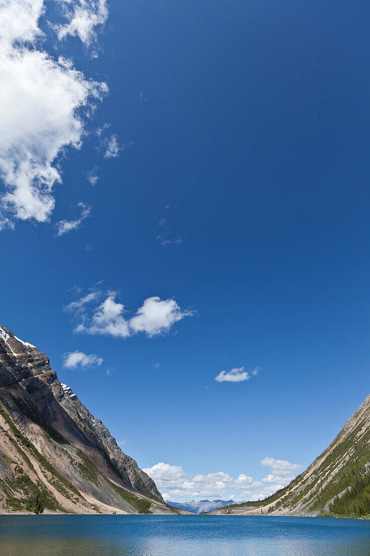 Blue sky over Upper Geraldine Lake, Jasper, Alberta, Canada