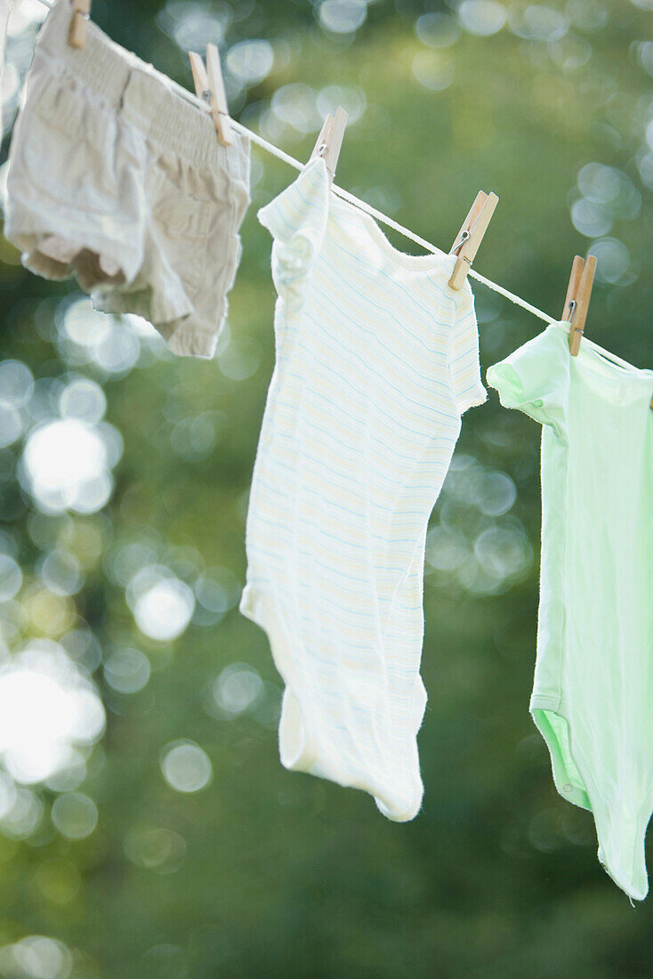 Close up of laundry hanging on clothes line, St Louis, Missouri, United States