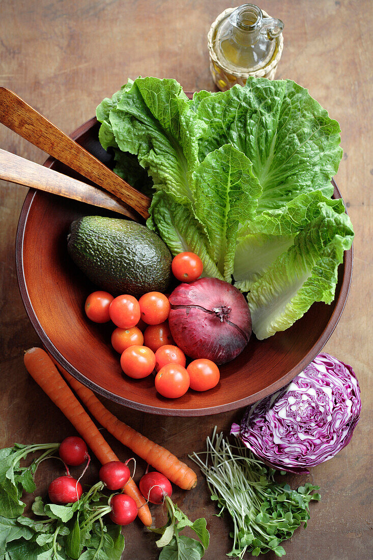 Fresh vegetables in wooden bowl, Santa Fe, New Mexico, USA
